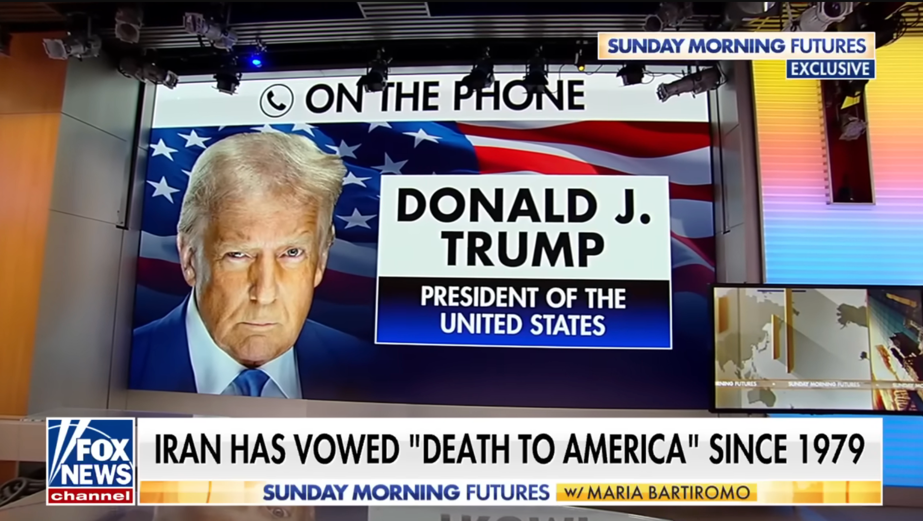 News conception with Donald Trump discussing Iran's stance since 1979. "Sunday Morning Futures" with Maria Bartiromo connected Fox News