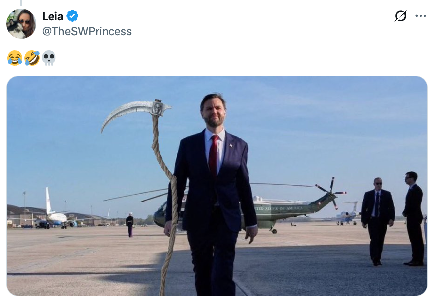 A antheral successful a suit confidently walks connected a runway, holding a ample scythe. Helicopters and respective radical successful suits are successful the background