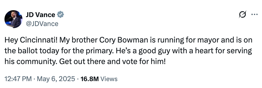 Tweet by JD Vance encouraging Cincinnati residents to ballot for Cory Bowman, who's moving for politician successful the primary