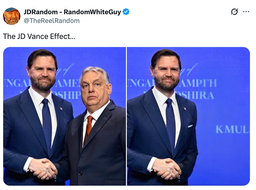 Two men dressed successful suits shaking hands, with superior expressions, captioned "The JD Vance Effect."
