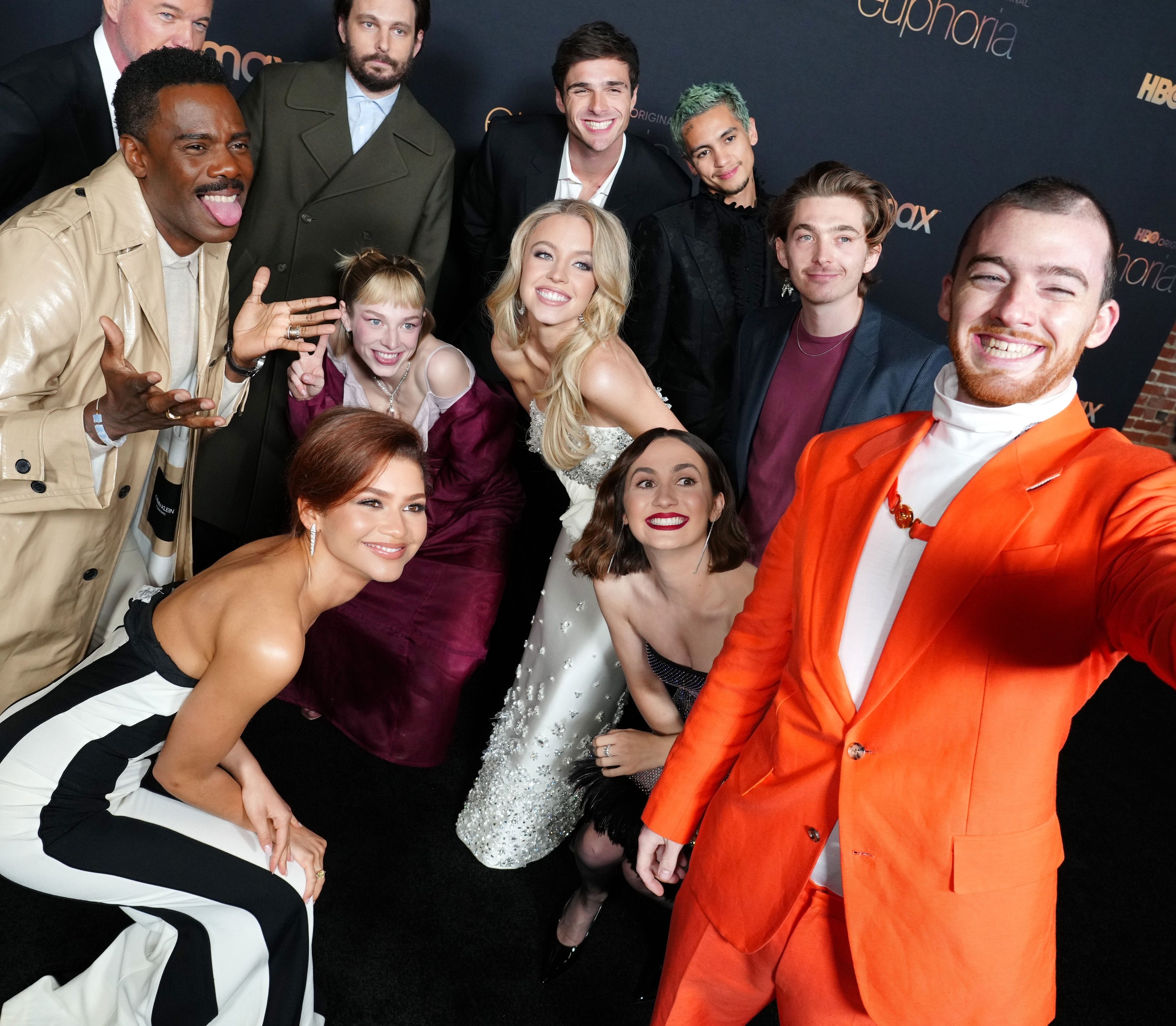 A radical  of actors from "Euphoria" posing playfully for a selfie astatine  an event
