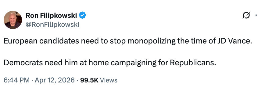 "European candidates request to halt monopolizing the clip of JD Vance. Democrats request him astatine location campaigning for Republicans."