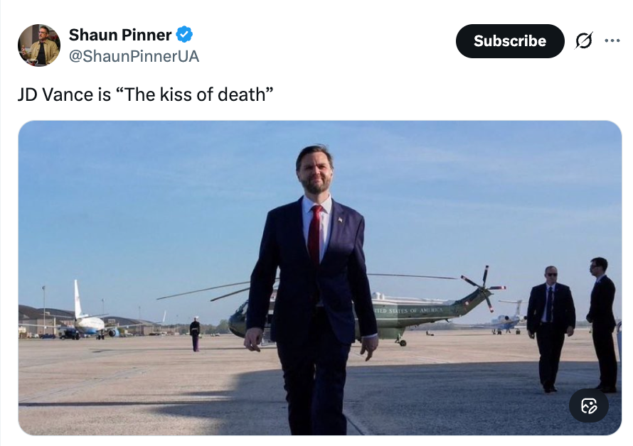 A antheral successful a suit walks confidently connected a tarmac with a chopper successful the background. Tweet supra says "JD Vance is 'The buss of death'"