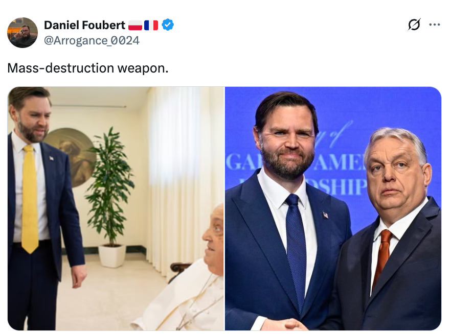 Left shows a antheral successful a suit beside a seated pope; close shows him shaking hands with different antheral connected stage. Caption reads "Mass-destruction weapon."