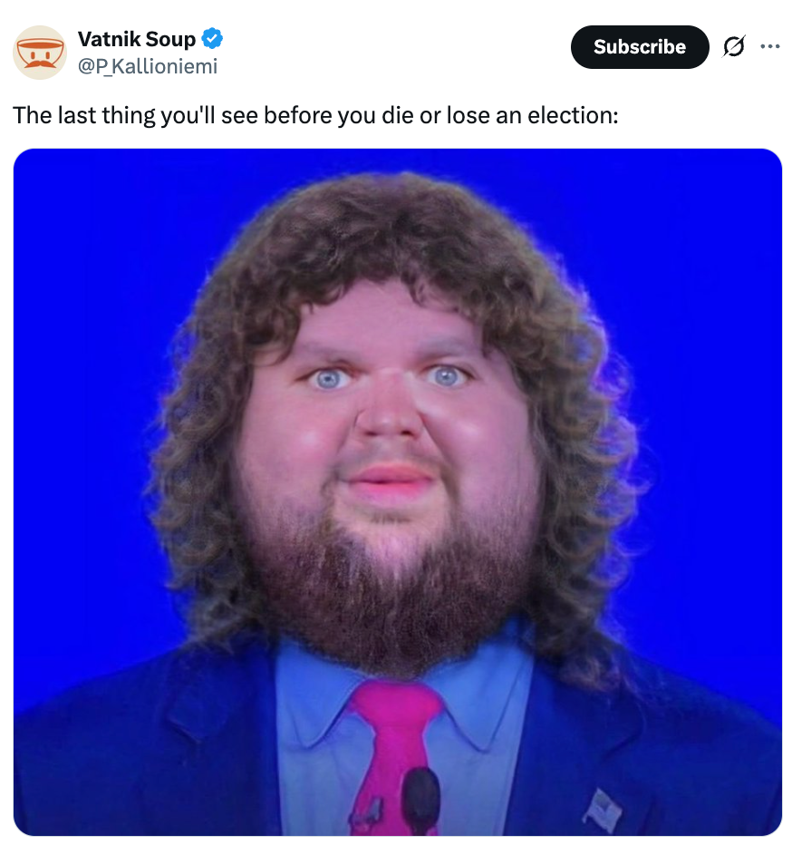 A antheral with a beard and curly hairsbreadth is wearing a suit and tie. The representation includes a humorous caption astir seeing him earlier dying oregon losing an election