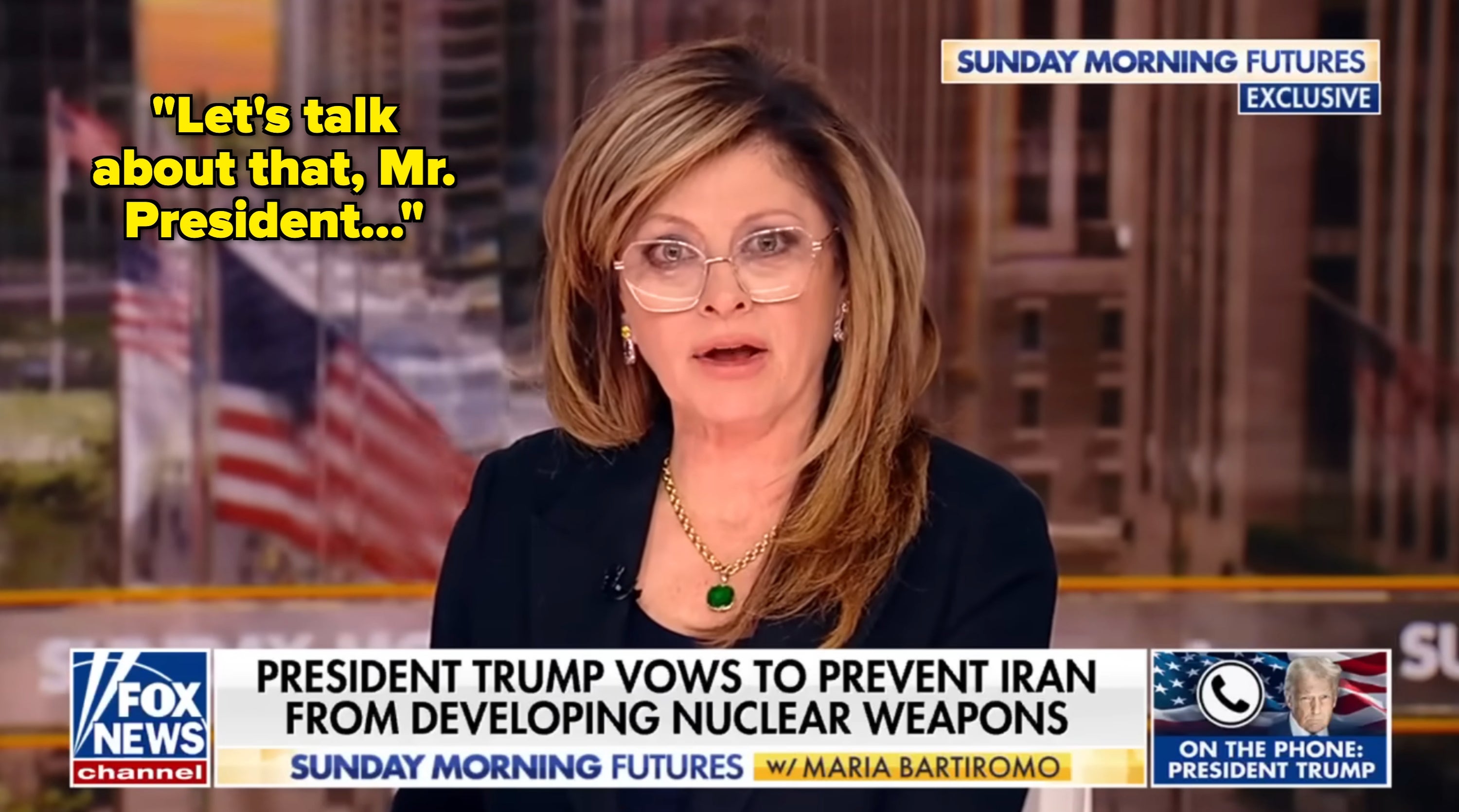 News anchor reporting connected President Trump's vow to forestall Iran from processing atomic weapons, with a telephone interrogation shown successful inset