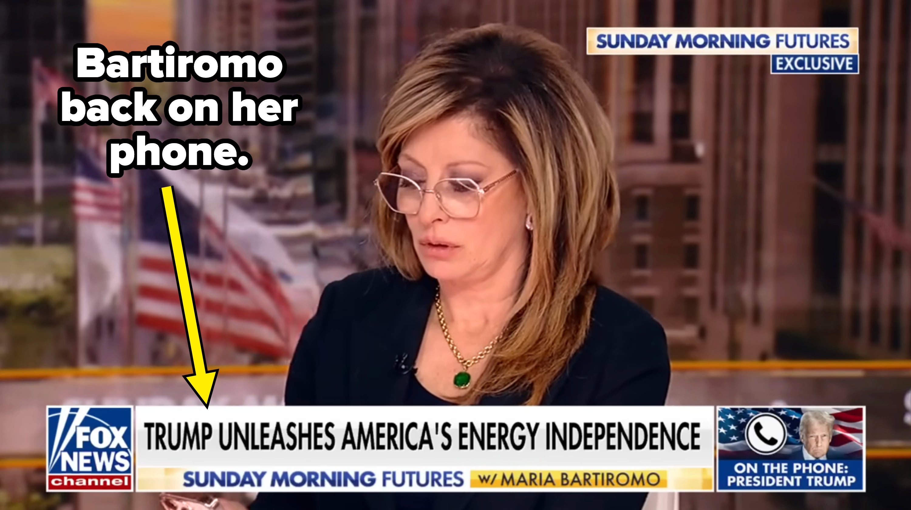 A quality broadcast with a pistillate anchor discussing vigor independence. Graphics item a telephone interrogation with erstwhile President Trump