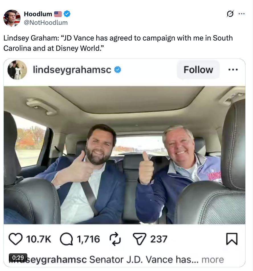 Social media posts amusement Lindsay Graham and J.D. Vance successful a car, smiling and giving thumbs up