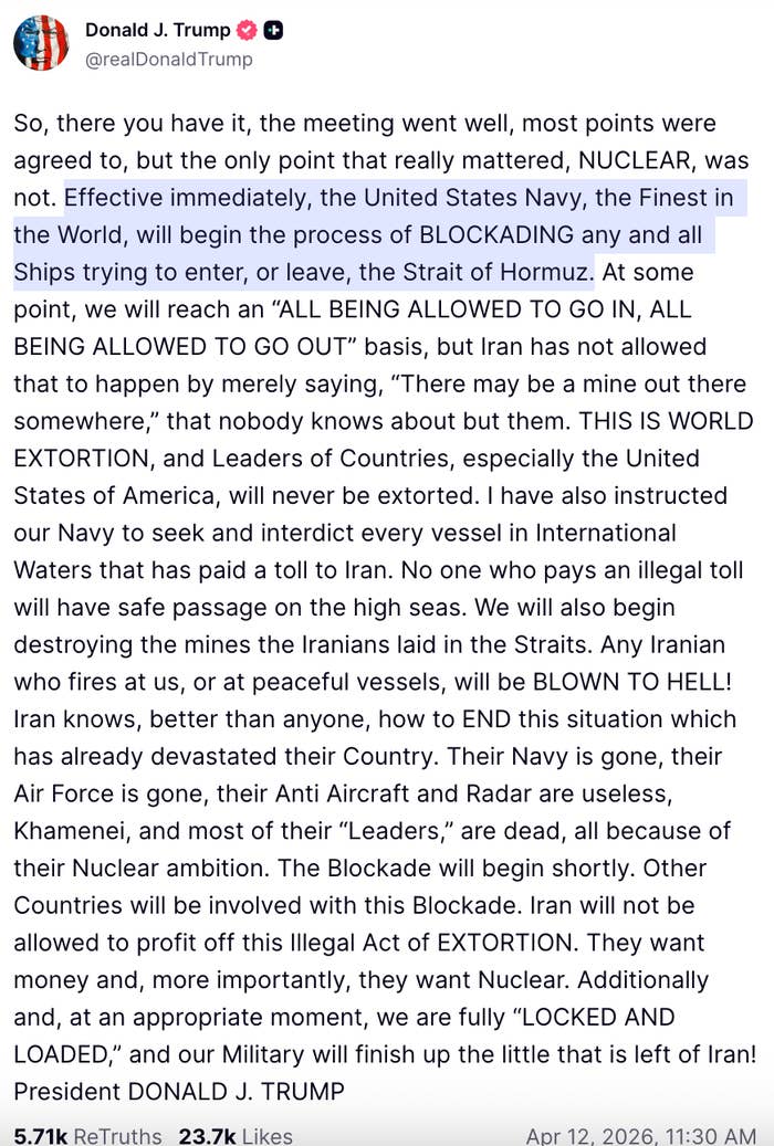 Donald Trump tweeted astir  a meeting, announcing atomic  readiness and plans to blockade the Strait of Hormuz, claiming Iran restricts vessel  movement
