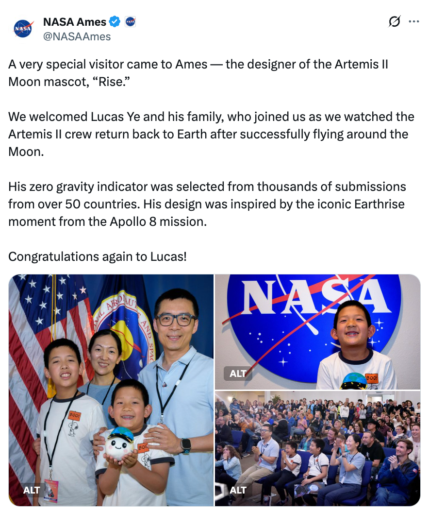A household visits NASA Ames, celebrating Lucas Ye, decorator of the Artemis II Moon mascot, "Rise." His plan was inspired by the Apollo 8 Earthrise