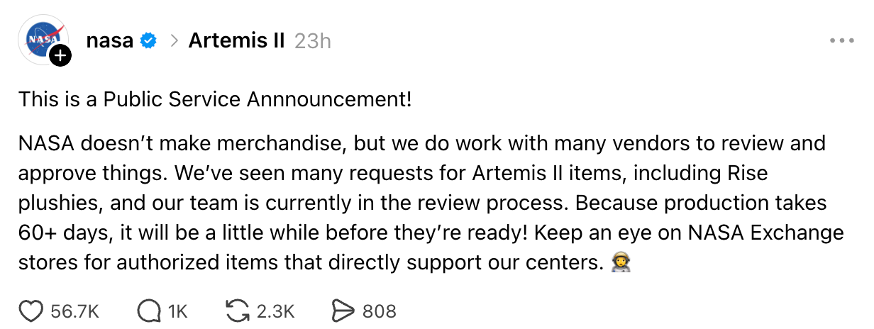 NASA's Artemis II update: Merchandise reappraisal successful progress; expect implicit 60 days for availability. Details connected NASA Exchange stores shared
