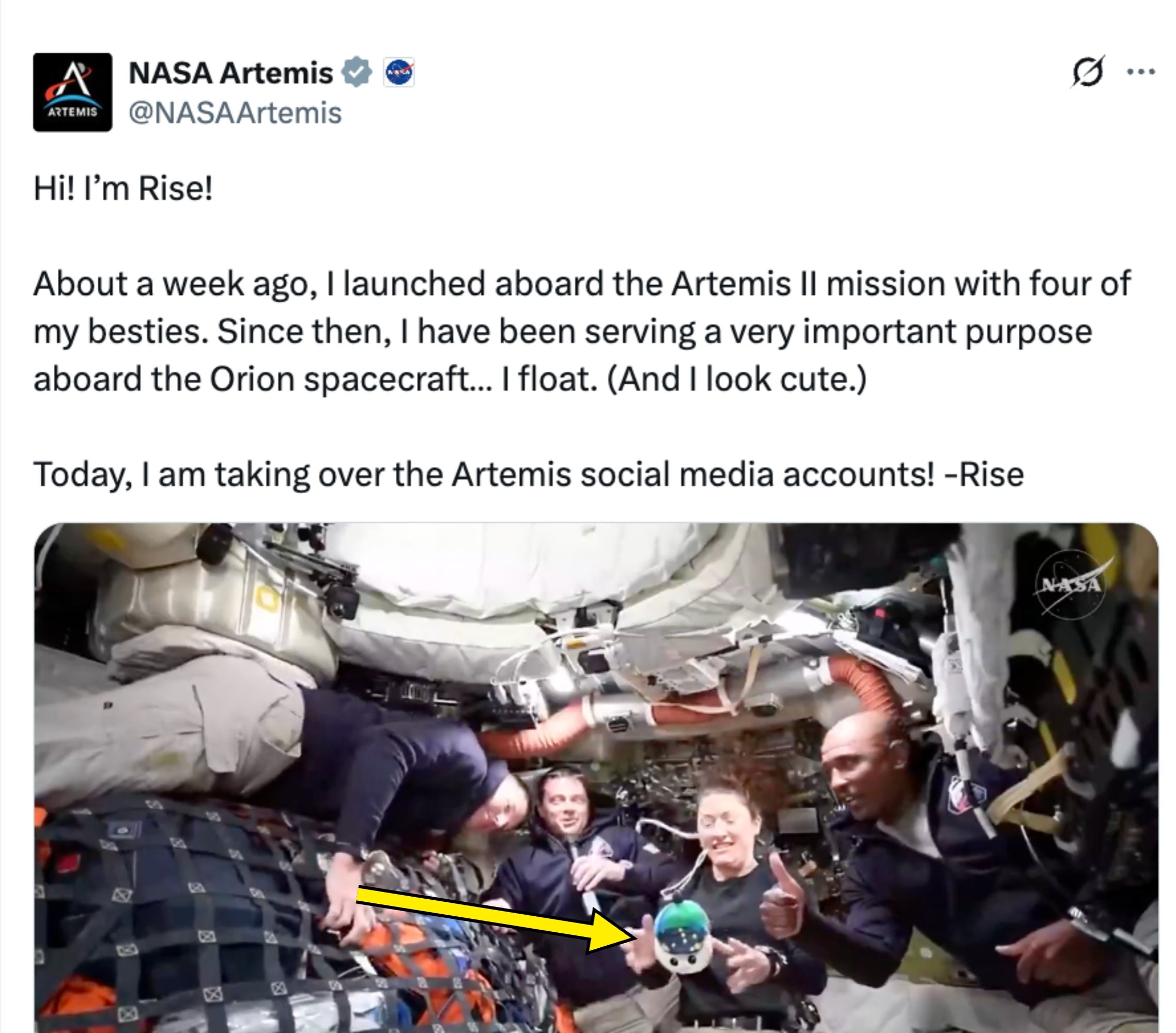 NASA Artemis tweet with astronaut plush artifact "Rise" floating successful the Orion spacecraft, surrounded by 4 smiling astronauts