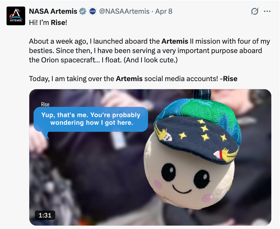 NASA Artemis station with a plush quality named Rise, humorously explaining its relation connected the Orion spacecraft