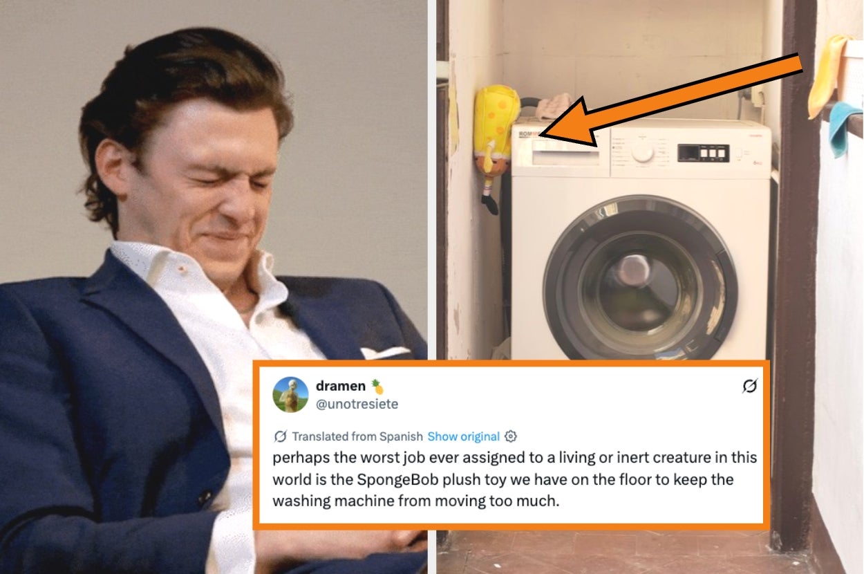 Man smirking on the left; washing machine with a SpongeBob plush toy preventing movement on the right. Tweet humorously describes the job