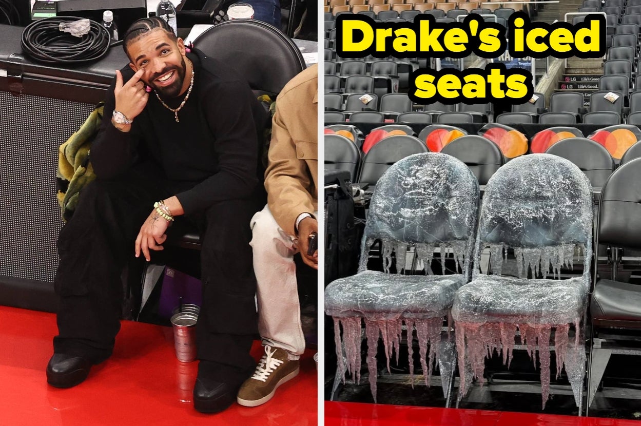 Drake smiles courtside in casual wear; adjacent image shows two seats covered in ice. Text reads, "Drake's iced seats."