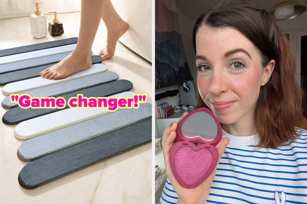 a gray color gradient stone bat that's foldable / editor holding and wearing a magenta heart shaped blush