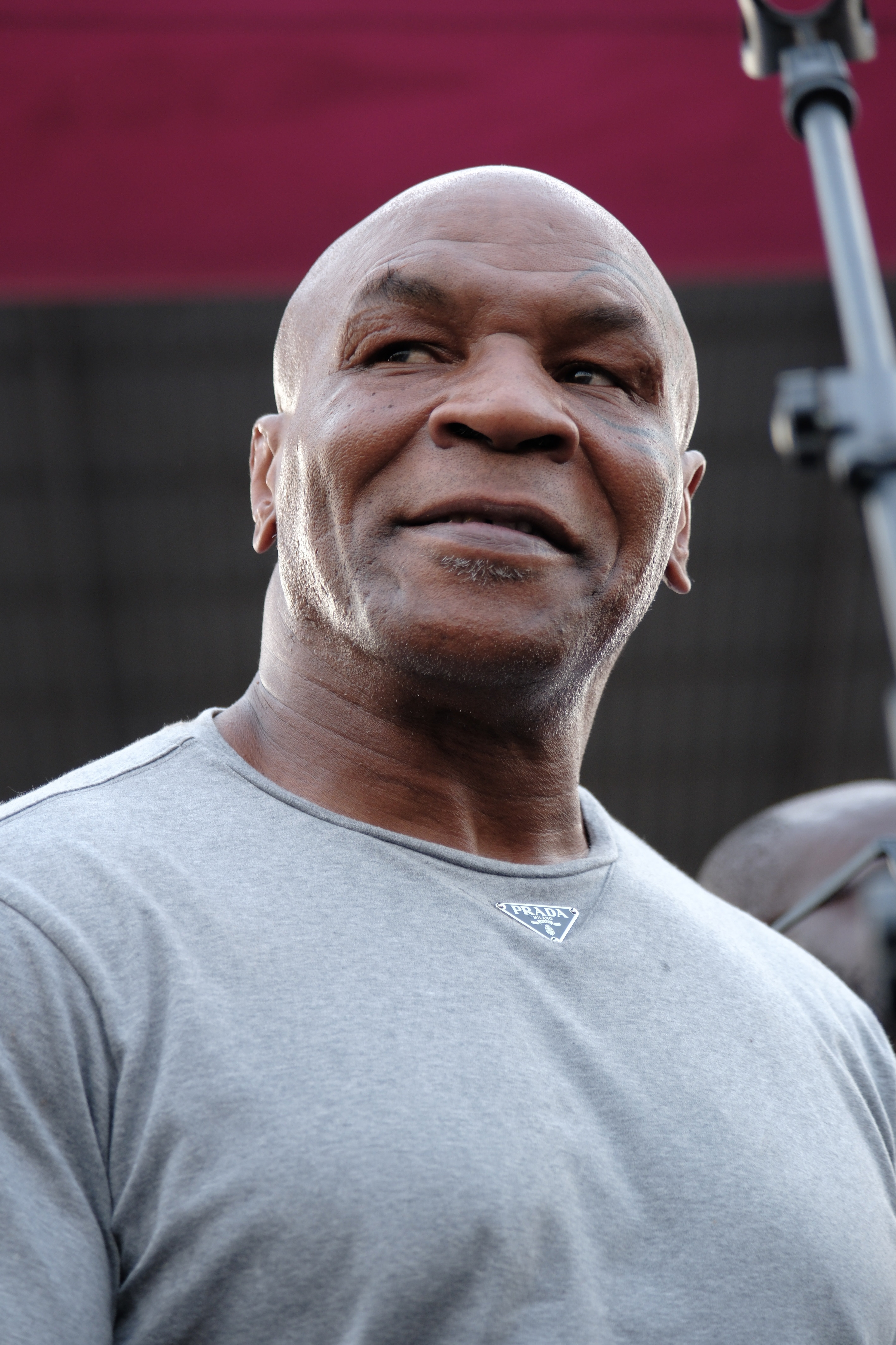 Person wearing a casual grey  T-shirt with a flimsy  grin  stands successful  an outdoor setting, microphone successful  the background