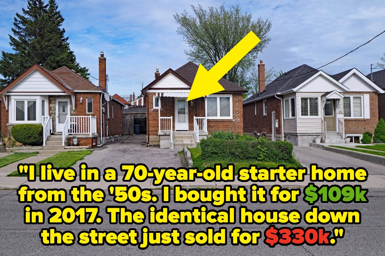 Image of small houses with a quote about a 70-year-old starter home bought for $109k in 2017, now valued at $330k