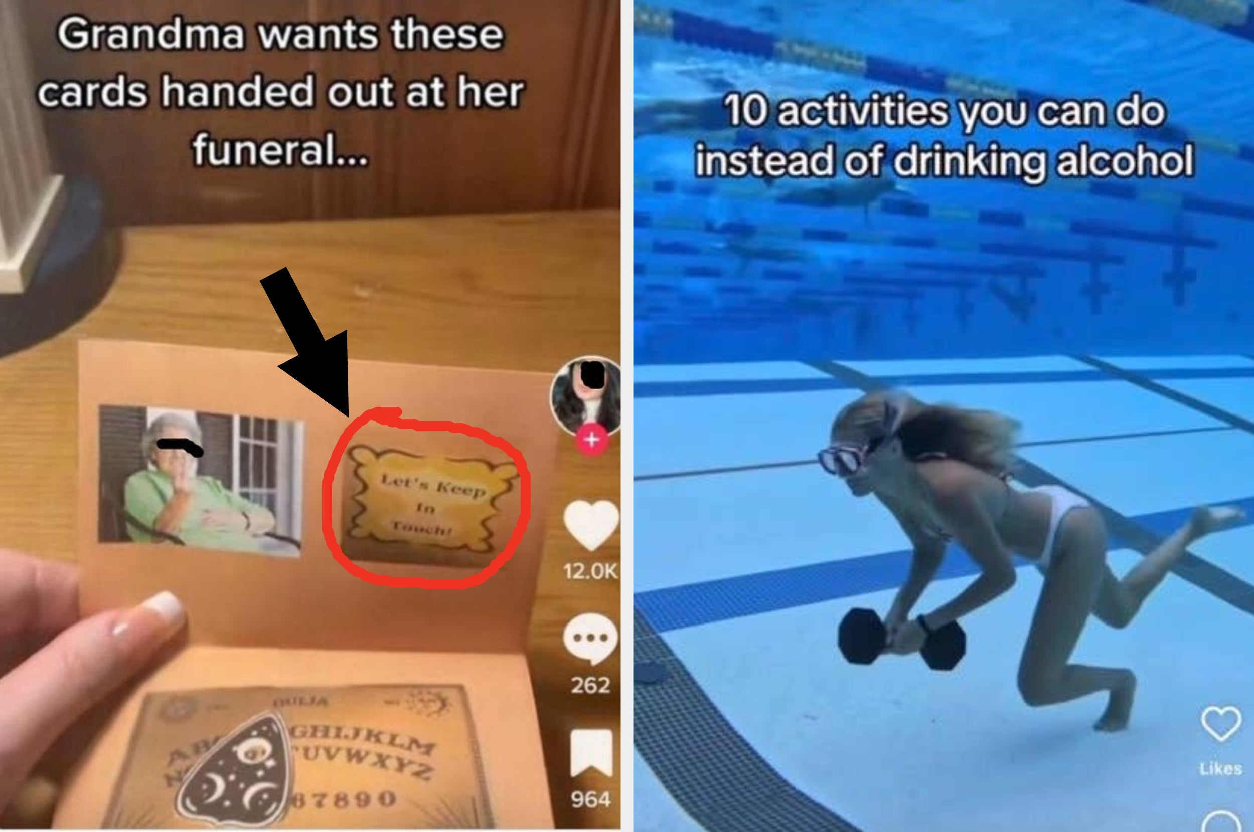 Split image: Left shows a humorous funeral card request; right features a person doing underwater exercises with dumbbells