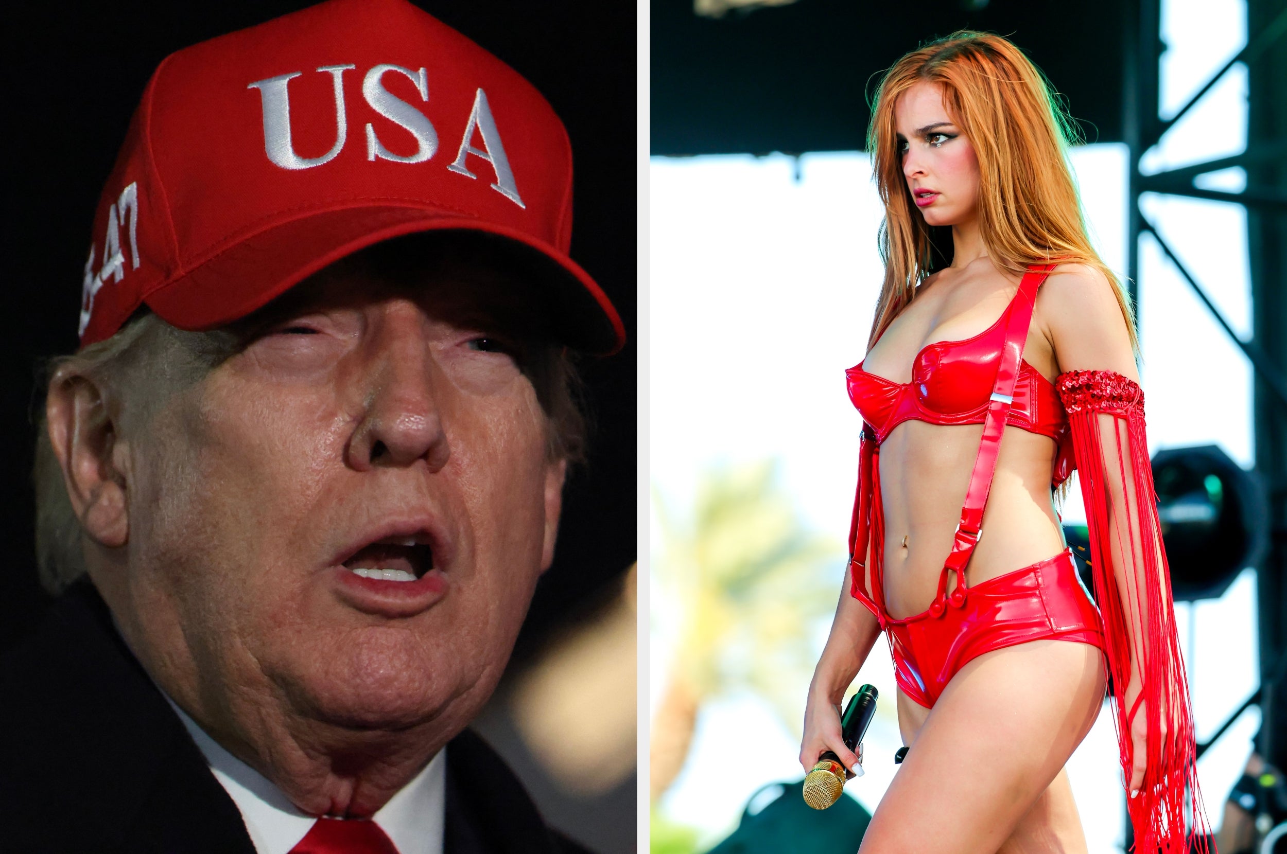 The image shows two people: one wearing a red "USA" hat, and the other in a red outfit performing on stage