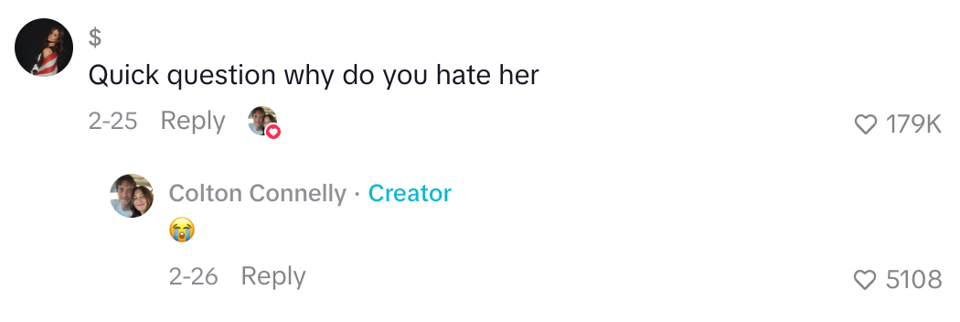 A societal  media station  wherever  1  idiosyncratic    asks, "Quick question   wherefore  bash  you hatred  her," with replies showing amused reactions