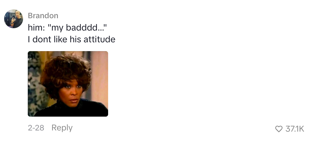 A meme with a person's disapproving look  and the text: "him: 'my badddd...' I don't similar  his attitude."