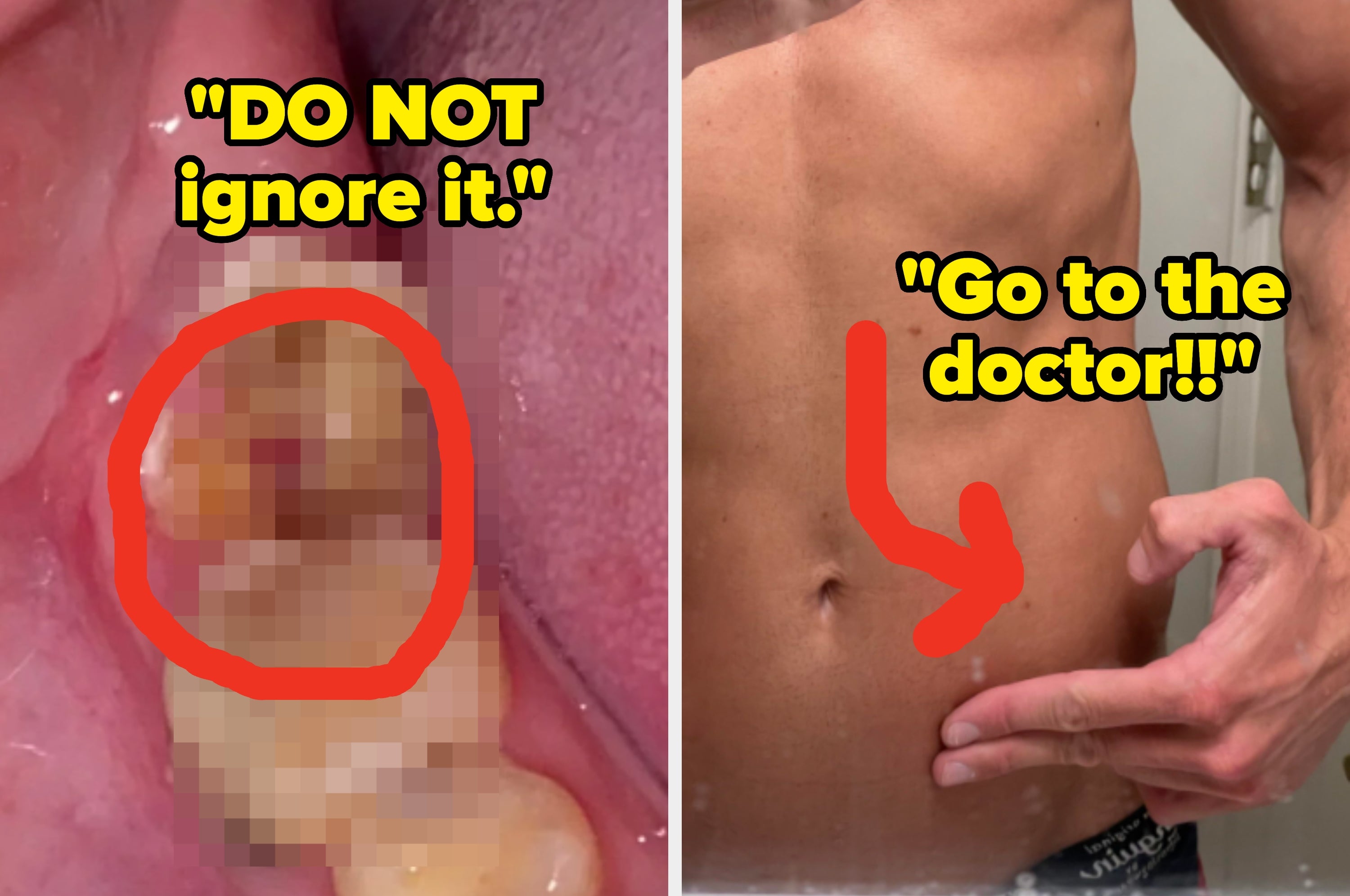 Text on image advises seeking medical care for visible dental and abdominal issues