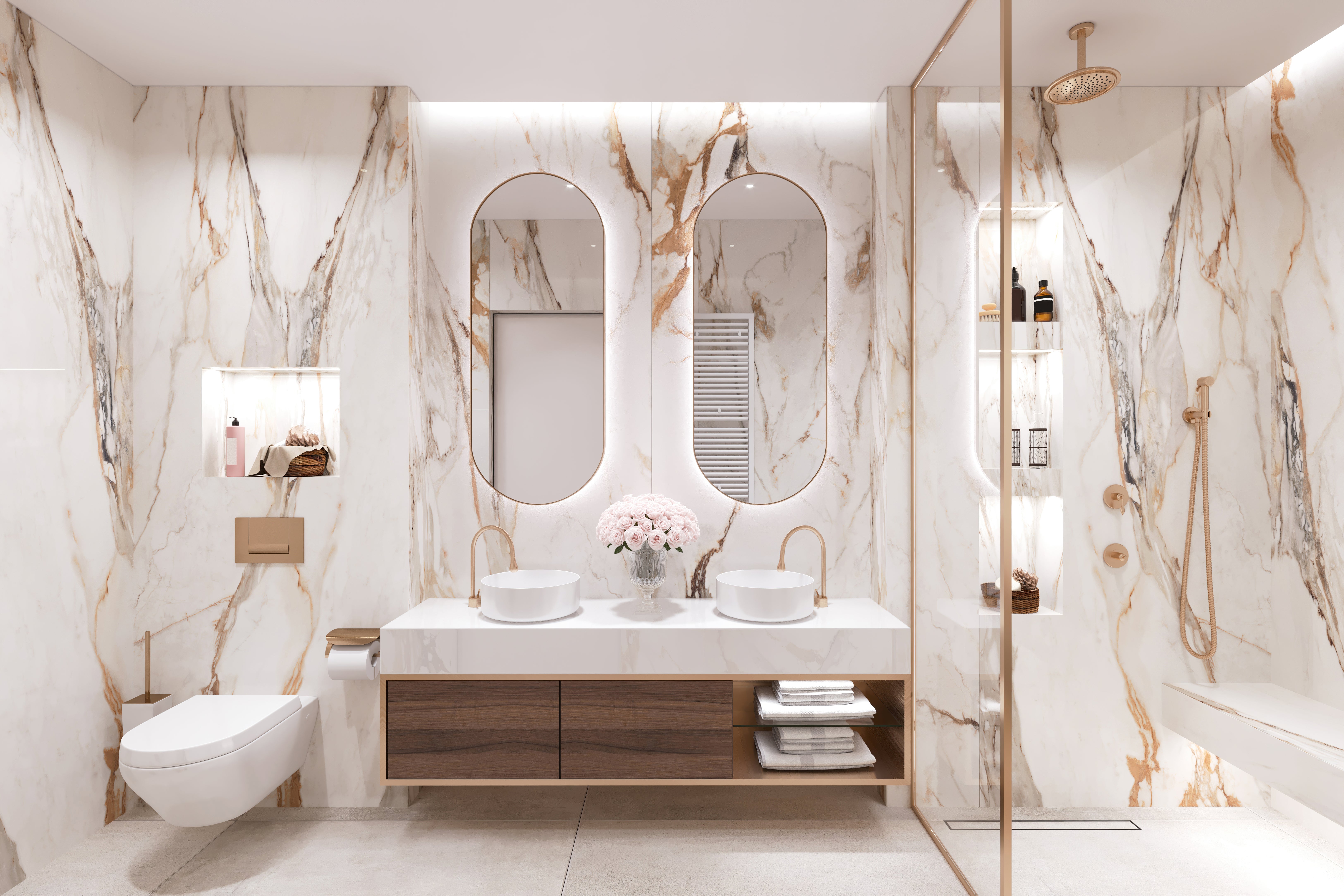 Luxurious modern   bath  with marble walls, duplicate  vanities, backlit mirrors, and a spacious solid  shower