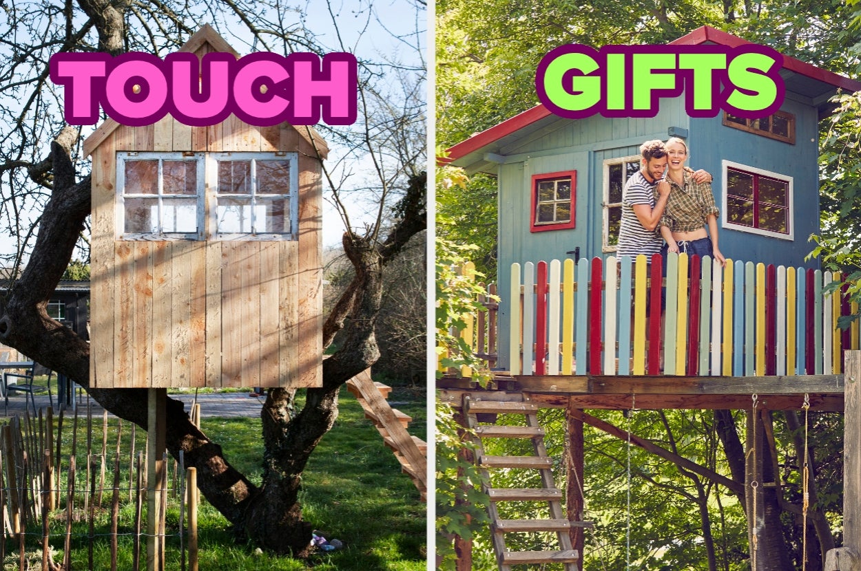 Two images of treehouses: Left has wooden panels, right is colorful with two people. Large text reads "TOUCH" and "GIFTS" above each treehouse