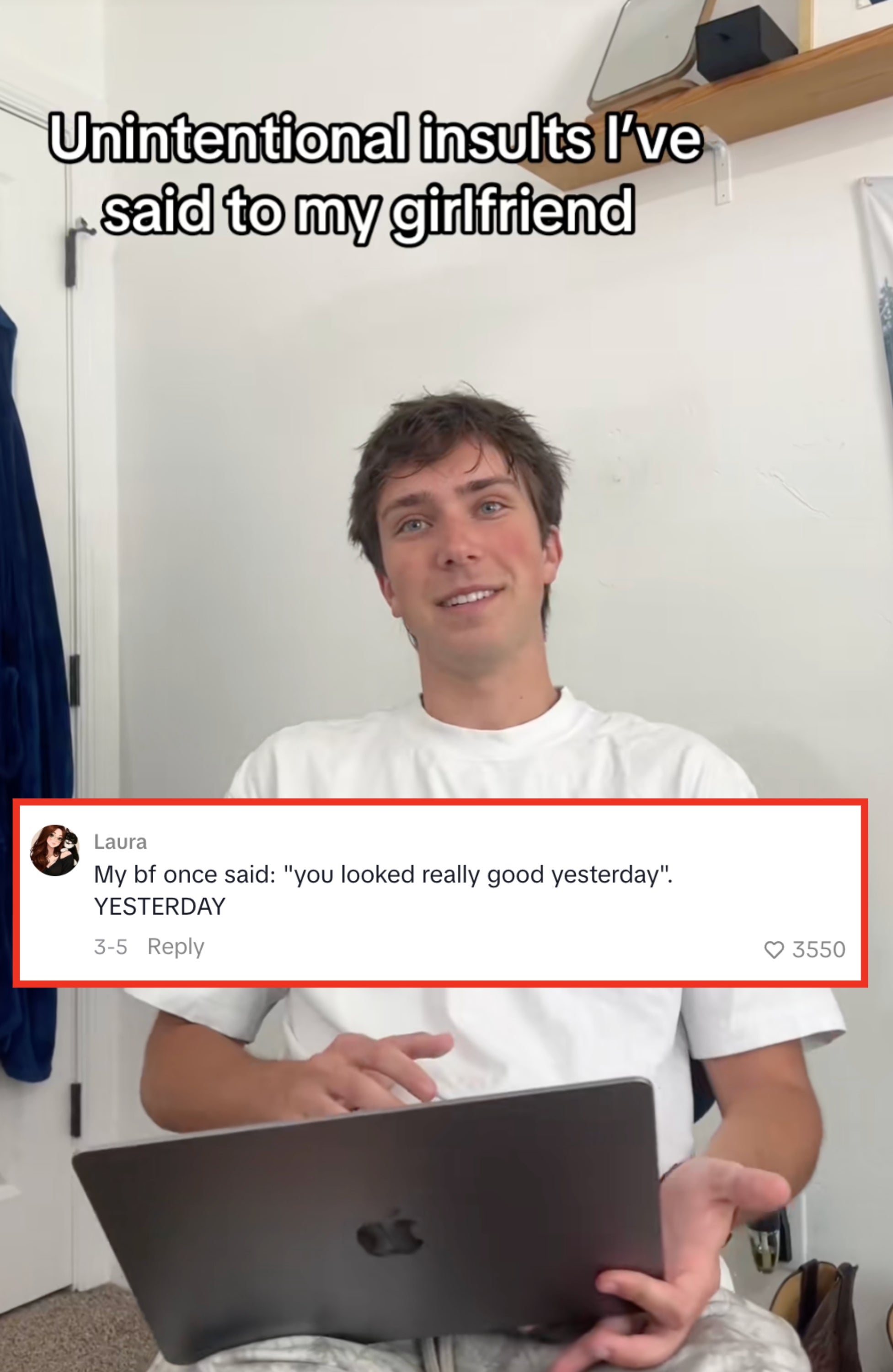 Person successful  a achromatic  T-shirt sits with a laptop, appearing to sermon   "Unintentional insults I've said to my girlfriend."