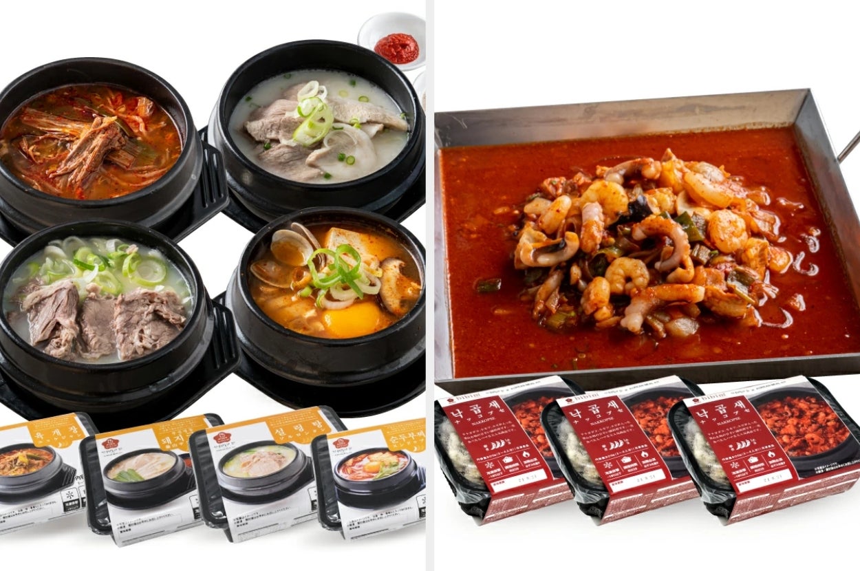 左側はビビムの韓国スープ4種食べ比べセット、右側はビビムのナップコセ（韓国料理）とそのパッケージ。