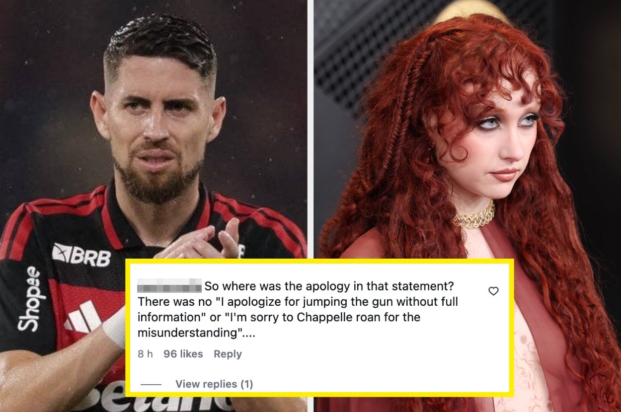 Split image of Jorginho and Chappell Roan. A comment questions a lack of apology from Jorginho