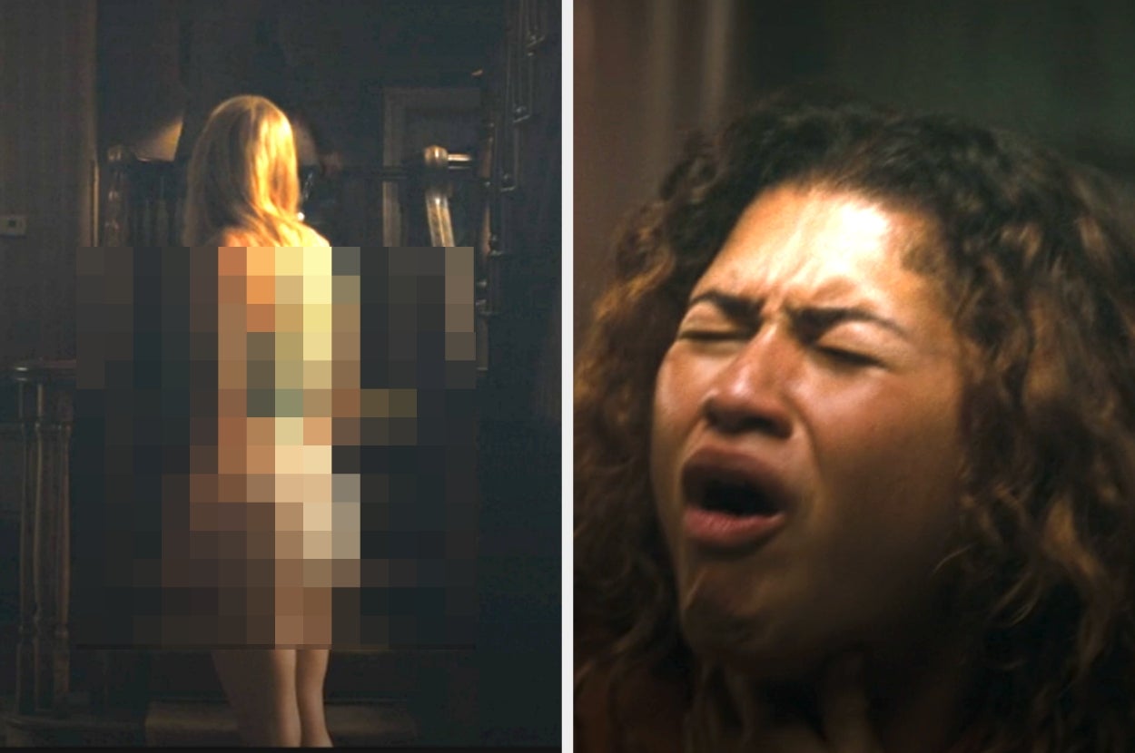 Two scenes from a TV show: a pixelated image of a person standing and an emotional close-up of another person reacting dramatically