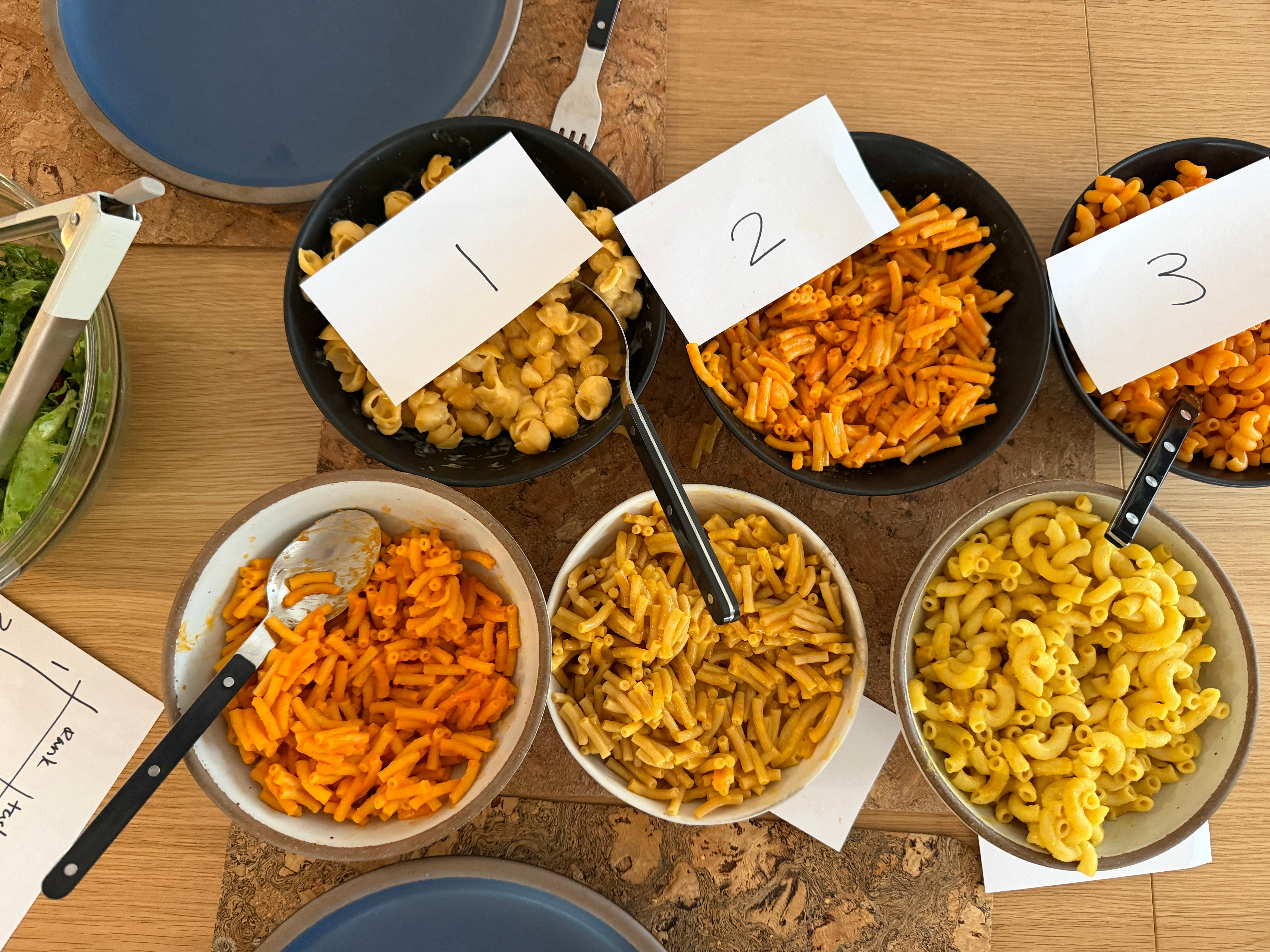 Overhead view of six bowls of various macaroni and cheese dishes numbered 1 to 3, with small differences in pasta shapes and cheese shades