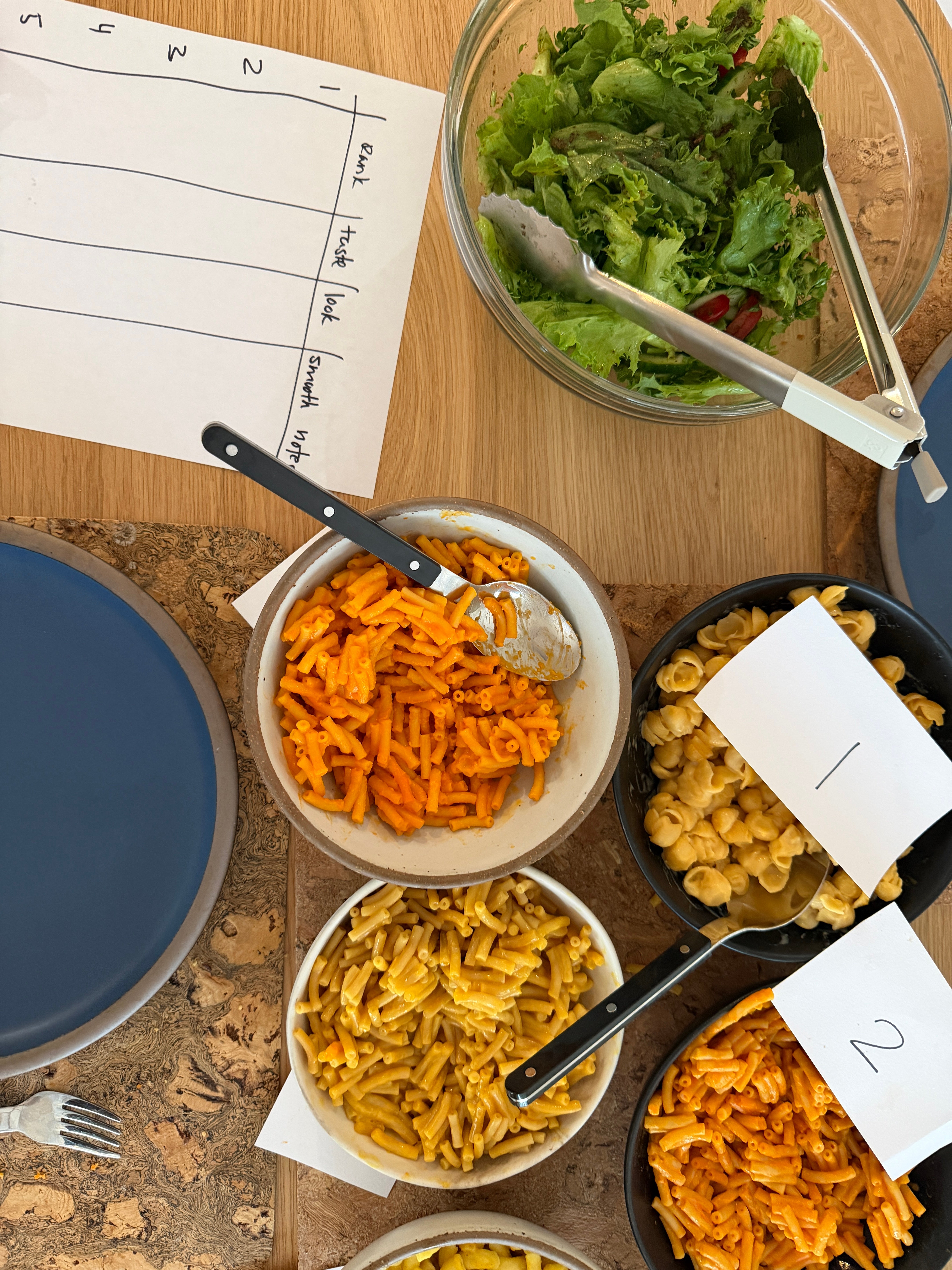 Three bowls of different pasta salads with a green leaf salad, labeled numbers, and an empty tally sheet on a table