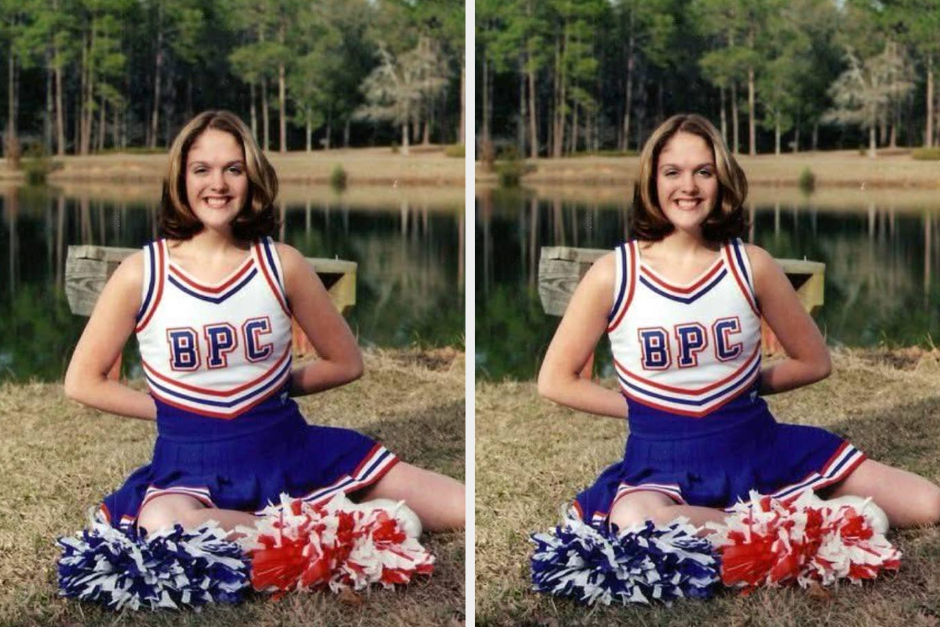 Cheerleader in uniform poses near a lake, kneeling with pom-poms in front