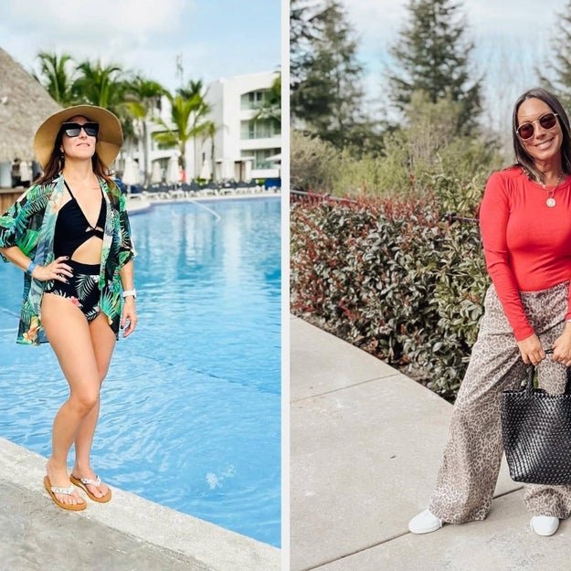 Two women pose stylishly; one by a pool in a swimsuit with a cover-up, and the other in casual wear with a red top and patterned pants