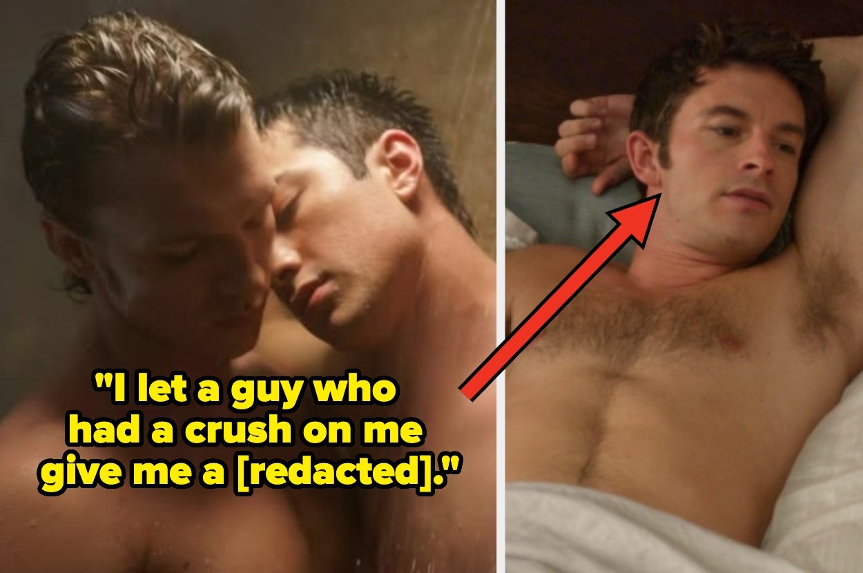 Two men are embracing closely on the left. On the right, a shirtless man is lying in bed. Text reads, "I let a guy who had a crush on me give me a [redacted]."
