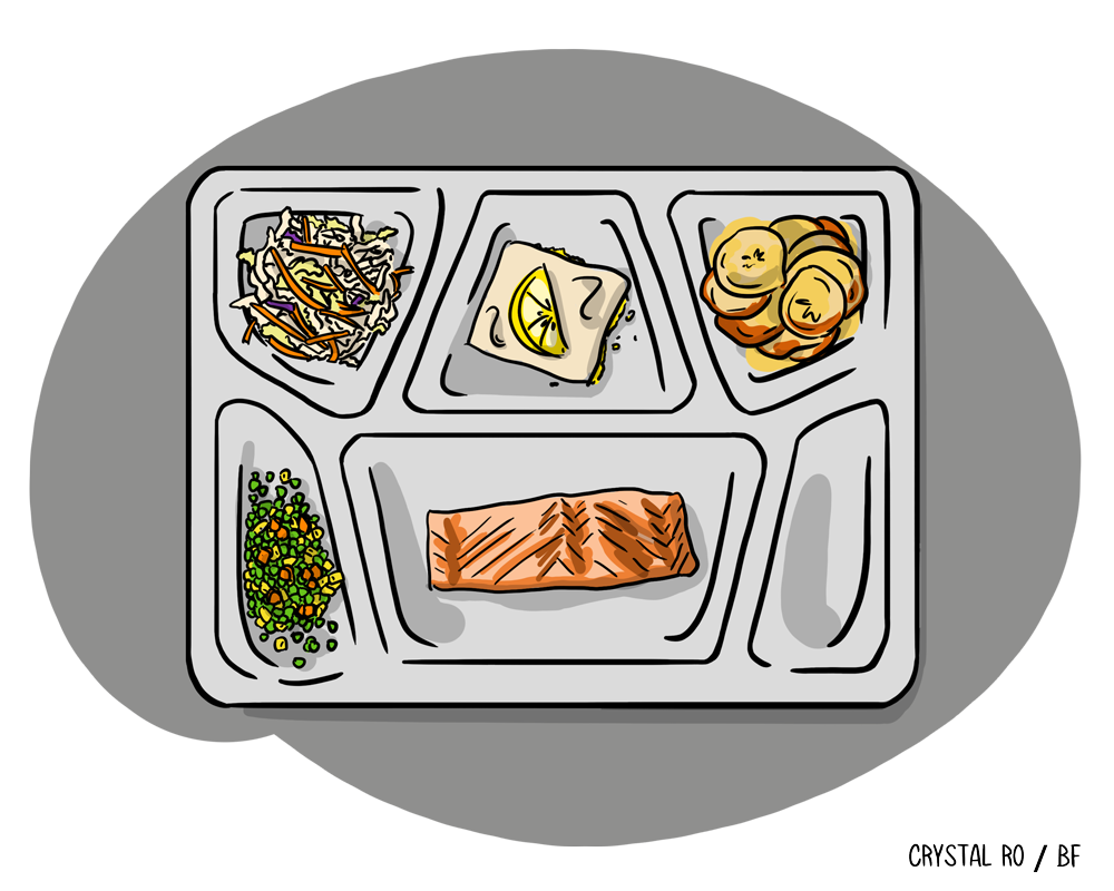 Illustrated TV dinner tray with pasta, fish, veggies, potato slices, and a lemon dessert