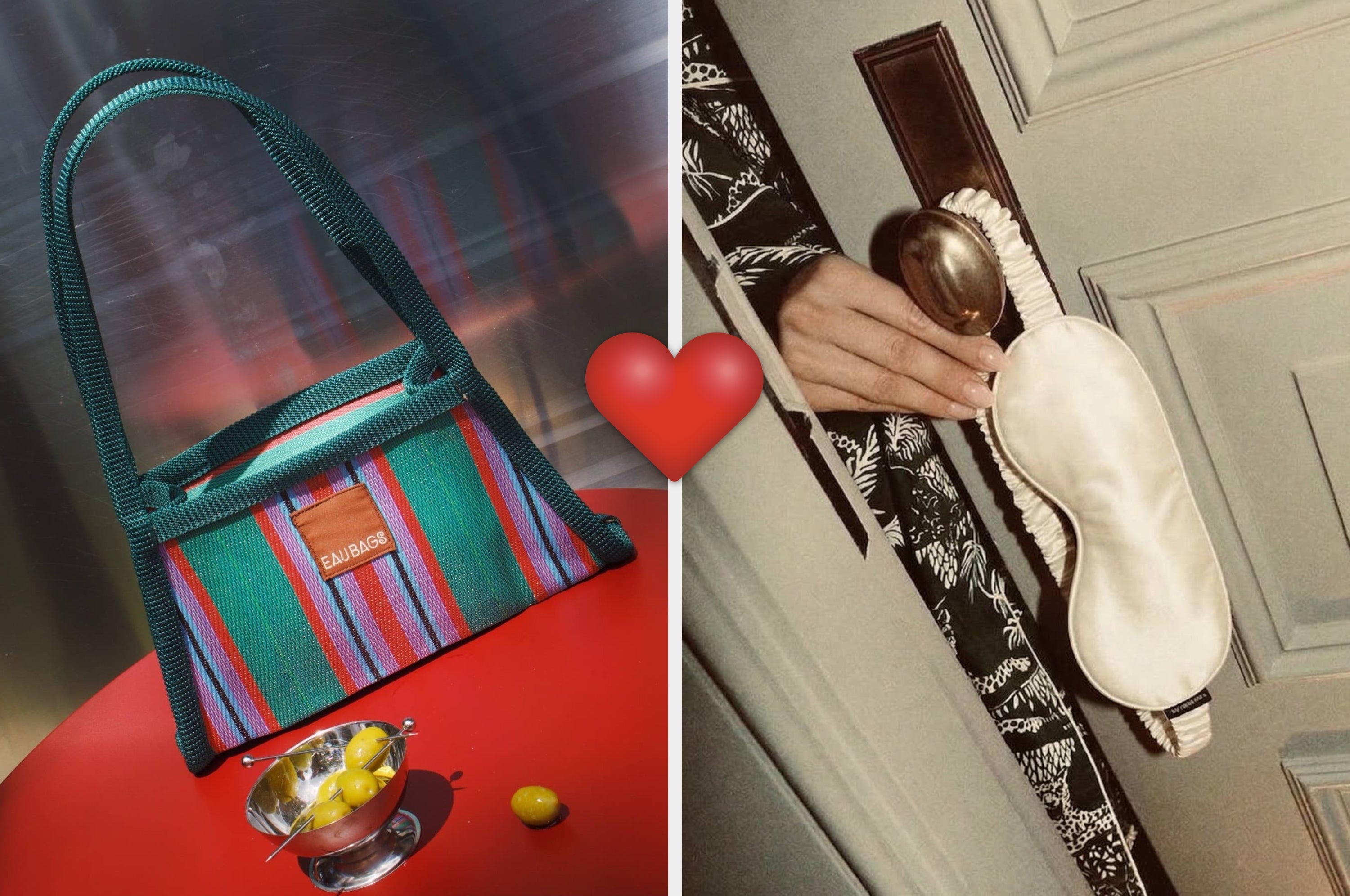 Quilted patterned bag and blanket next to a cream sleep mask hanging on a door handle, suggesting cozy travel essentials