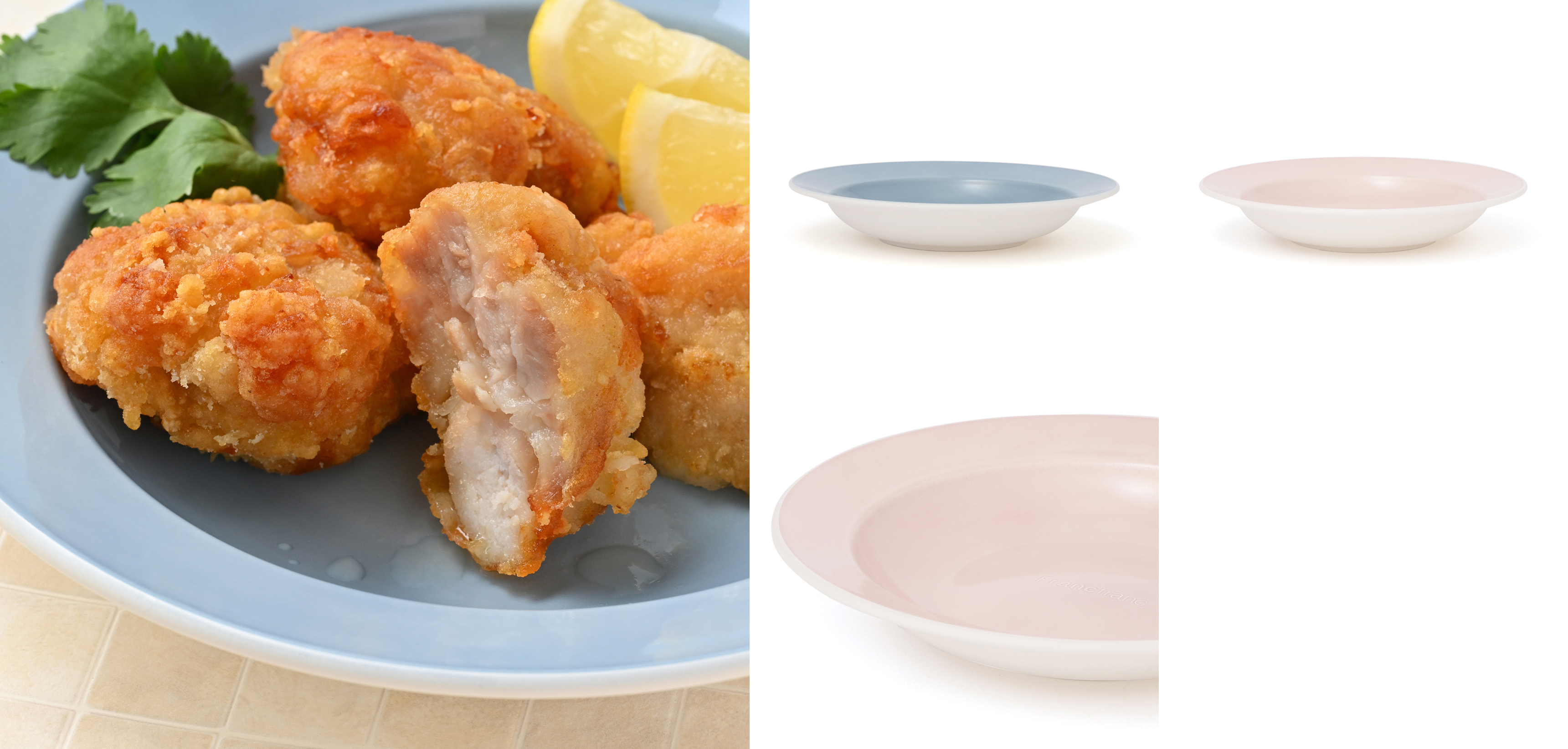 青い皿に載ったフライドチキンとレモンのスライス。隣には2枚の皿が置かれている。