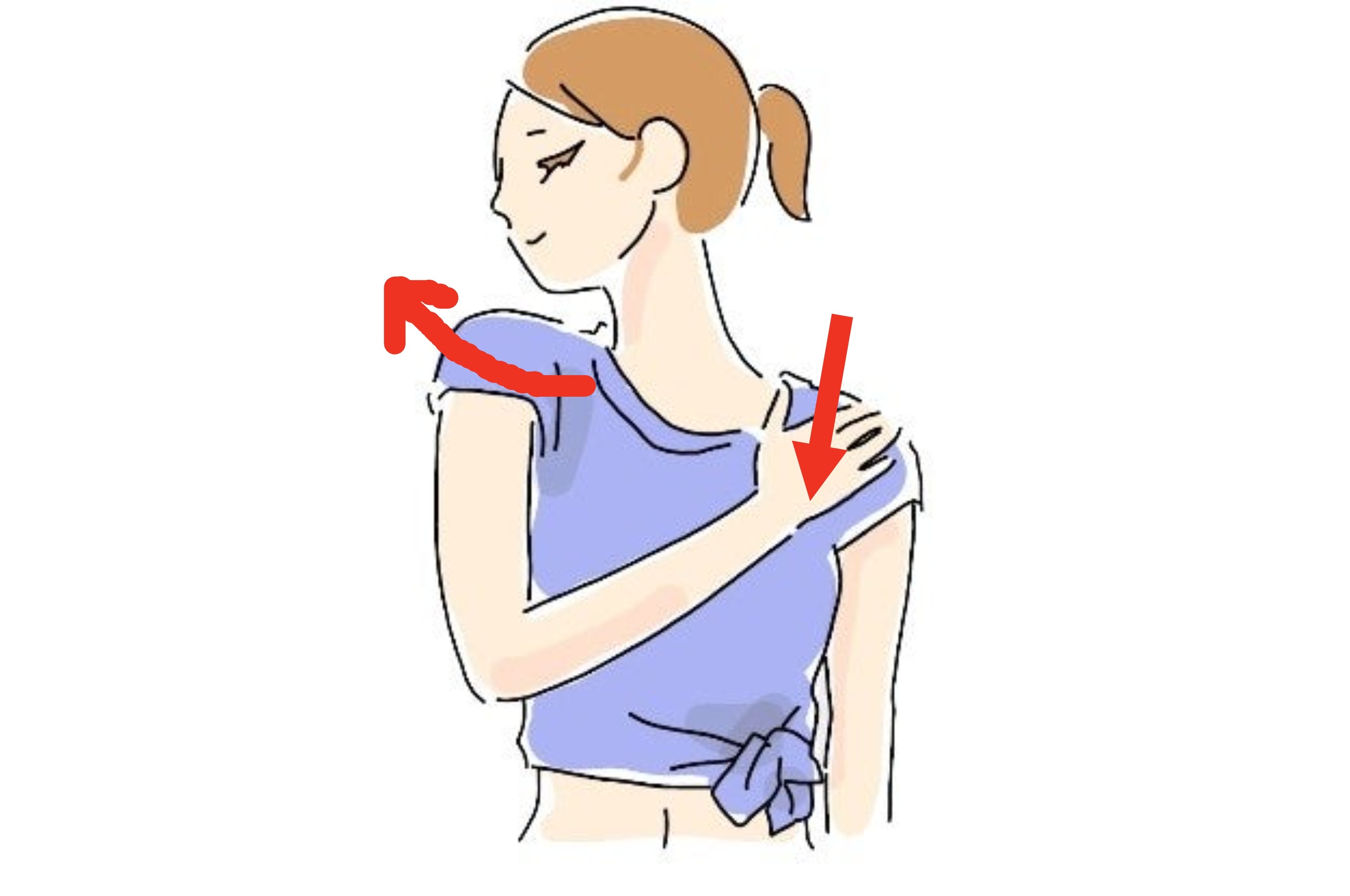 女性が肩に手を置いているイラスト。髪は後ろでまとめられ、カジュアルなシャツを着ている。