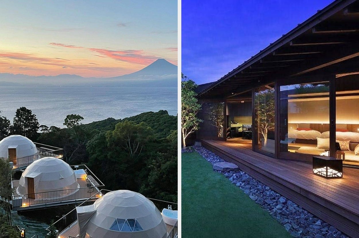 左は山と海を望むドーム型のグランピング宿泊施設、右はリッチな宿泊が楽しめるグランピングヴィラ。