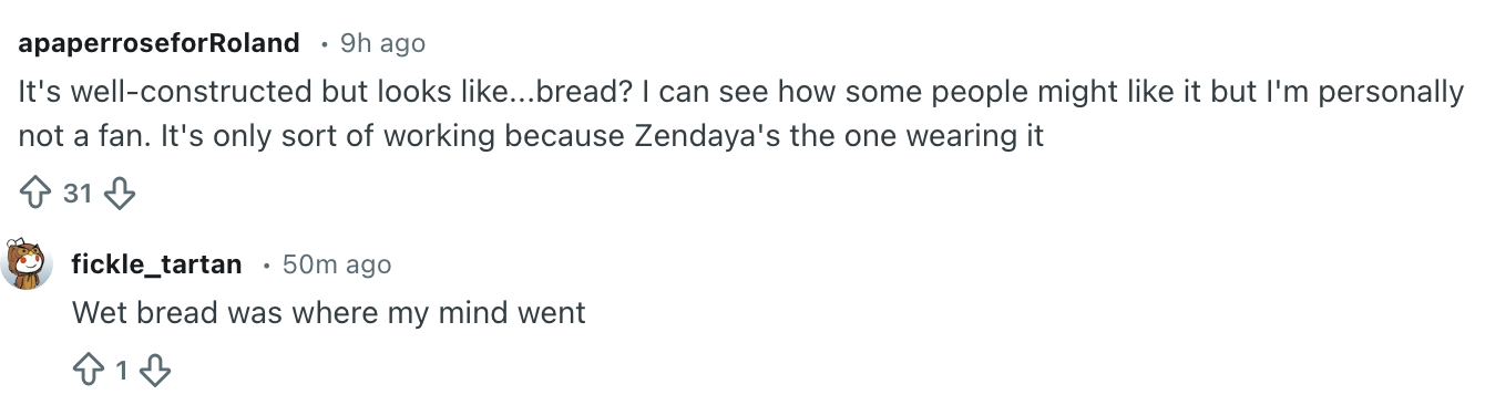 Screenshot of online comments comparing Zendaya's outfit to bread