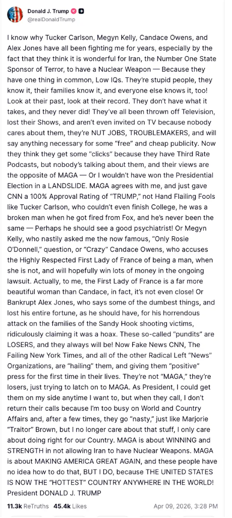 A lengthy societal media station wherever the writer criticizes assorted media figures, politicians, and outlets, expressing beardown opinions connected existent events