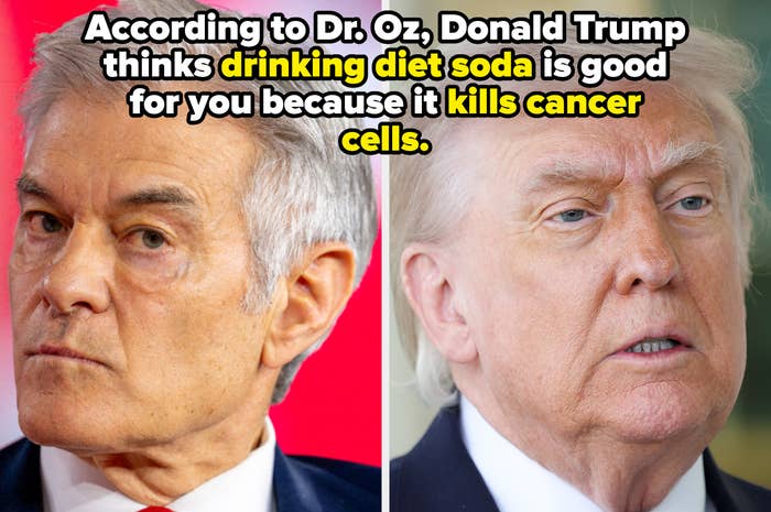  Dr. Oz with superior   look  connected  left, Donald Trump connected  right. Text claims Trump believes fare  soda kills crab  cells