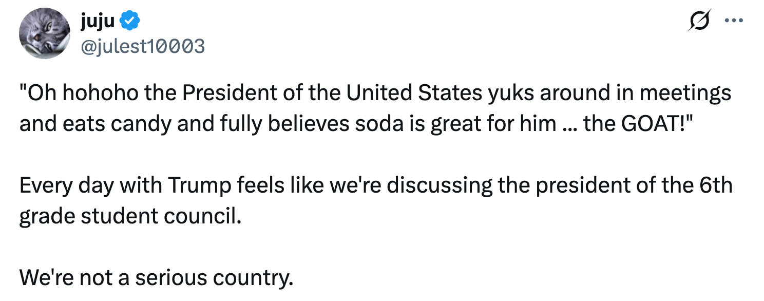 Tweet by @julest10003 humorously criticizes the President's behavior, comparing it to a pupil  assembly  president, and comments connected  the nation's deficiency  of seriousness