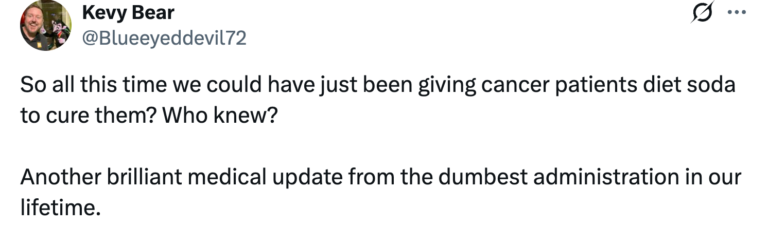 A tweet questioning the aesculapian  proposal  of treating crab  with fare  soda, criticizing an administration