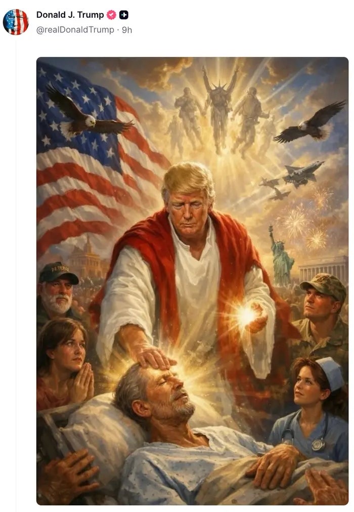 Fantasy illustration of a antheral resembling a humanities fig blessing a patient, surrounded by radical successful uniforms and patriotic symbols