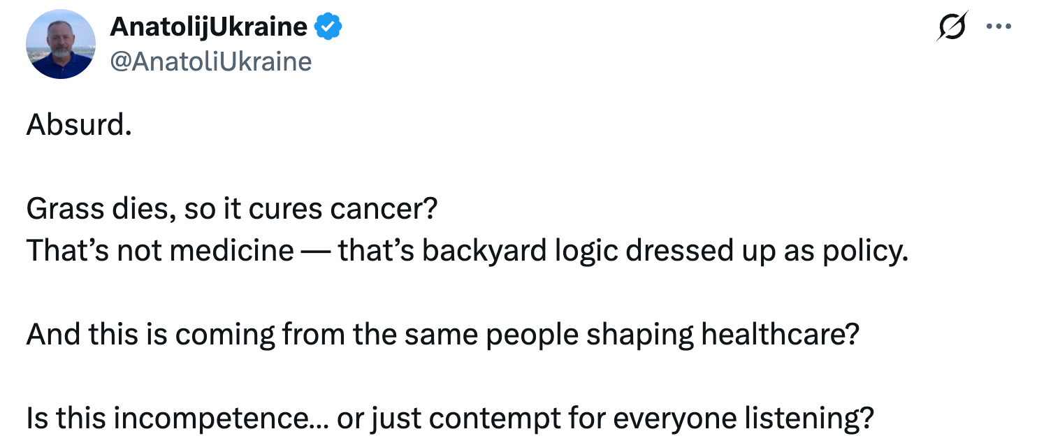 Tweet questions flawed logic successful  healthcare policy, equating it to absurd backyard reasoning. Critiques decision-makers' competence
